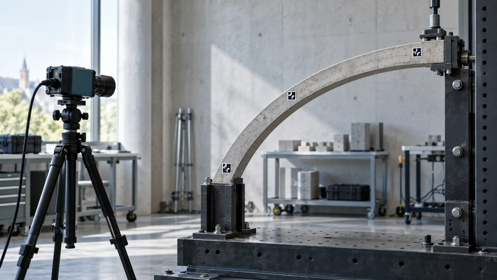 Illustrative laboratory scene showing a camera and tracking markers on a structural model.