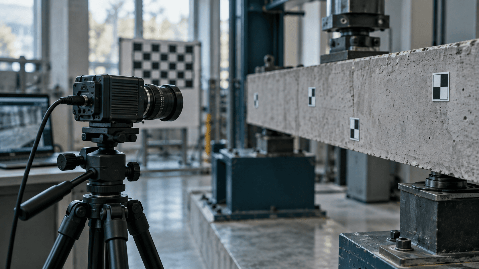 Illustrative camera-based measurement setup focused on tracking markers attached to a structural test beam.
